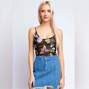 Honey Punch Semi Sheer Black/Floral Embroidered Bodysuit, Spaghetti Straps, Sz S